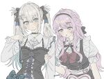  2girls aqua_bow aqua_eyes aqua_hair aqua_nails black_bodice black_bow black_choker black_hairband blonde_hair blue_ribbon blush bodice bow braid braided_base choker collared_shirt eyeshadow gradient_hair hair_bow hair_ornament hair_ribbon hairband hairclip hand_on_another's_arm highres idol_clothes long_hair long_sleeves makeup mikogami_kotone multicolored_hair multiple_girls nail_polish nijisanji official_alternate_costume parted_lips pink_hair puffy_short_sleeves puffy_sleeves reina_(nijisanji) ribbon shirt short_sleeves simple_background twintails twintails_with_braided_base twitter_username virtual_youtuber wanwa white_background white_shirt 