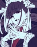  1girl aegyo_sal black_hair black_nails blunt_bangs celestia_ludenberg commentary_request danganronpa:_trigger_happy_havoc danganronpa_(series) drill_hair earrings frilled_sleeves frills from_below hands_up headdress highres jewelry long_hair long_sleeves looking_at_viewer necktie nelt open_mouth red_eyes red_necktie simple_background smile solo steepled_fingers teeth twin_drills upper_body upper_teeth_only white_background white_headdress 
