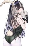  1girl animal_ear_hairband animal_ears ass back black_gloves black_hair blue_eyes blunt_bangs blush breasts bunny_day commentary covering_own_mouth cowboy_shot fake_animal_ears fake_tail from_behind gloves green_leotard grey_hair hairband hand_fan highres holding holding_fan hololive hololive_dev_is juufuutei_raden leotard long_hair looking_at_viewer looking_back multicolored_hair pantyhose playboy_bunny rabbit_ear_hairband rabbit_ears rabbit_tail sakazukin simple_background solo streaked_hair sweatdrop tail two-tone_hair virtual_youtuber white_background white_hairband white_pantyhose 