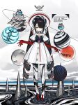  1girl :< absurdres black_bow black_hair blue_hair blush bow closed_mouth commentary dress drill_hair elbow_gloves full_body gloves hachihito hat highres jitome long_hair multicolored_eyes multicolored_hair original planet polka_dot polka_dot_bow red_gloves red_hair robot short_sleeves solo twin_drills untranslatable_commentary white_dress white_hair white_hat 