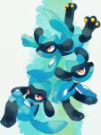  3others black_fur black_hair blue_fur closed_mouth commentary_request furry highres multiple_others open_mouth other_focus pokemon pokemon_(creature) pokemon_focus red_eyes riolu satan_(zoroa553) smile tail 