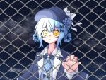  1girl bird_hat_ornament black_bow black_bowtie black_capelet black_hat blue_hair blue_necktie blue_vest bow bowtie braid braided_hair_rings capelet chain-link_fence closed_mouth cloud collared_shirt commentary deerstalker fence hair_bow hair_rings hamotororo hat hat_bow highres long_sleeves looking_at_viewer mahou_shoujo_no_majo_saiban necktie shirt short_hair sky solo tachibana_sherry untranslatable_commentary upper_body vest white_shirt yellow_eyes 
