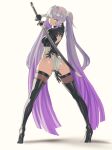  1girl 2b_(nier:automata) 2b_(nier:automata)_(cosplay) ass back_cutout black_gloves blunt_bangs boots breasts clothing_cutout cosplay feather-trimmed_sleeves feather_trim from_behind gloves gradient_hair grey_hair high_heel_boots high_heels highleg highleg_leotard highres holding holding_weapon juliet_sleeves katana legs_apart leotard long_hair long_sleeves looking_back makeup medium_breasts multicolored_hair nier nier:automata nier_(series) puffy_sleeves purple_hair solo standing streaked_hair sunsetskyline sword thigh_boots thighhighs thighhighs_under_boots thong thong_leotard twintails v4mirai very_long_hair virtual_youtuber weapon white_gloves white_leotard yae_yugiri yellow_eyes 