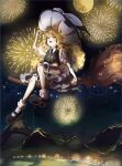  1girl aerial_fireworks apron black_bow black_hat black_necktie black_shoes black_skirt black_vest blonde_hair bow braid broom broom_riding chantarou collared_shirt commentary_request crossed_legs fireworks frilled_skirt frills hair_bow hat hat_bow highres kirisame_marisa long_hair mary_janes mountainous_horizon necktie night open_mouth outdoors shirt shoes side_braid single_braid skirt smile socks solo touhou vest waist_apron white_bow white_shirt white_socks witch_hat yellow_apron yellow_eyes 