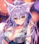  1girl aerial_fireworks animal_ear_fluff animal_ears blush breasts cleavage closed_mouth collarbone commentary_request fingernails fireworks fox_ears fox_girl fox_tail hair_between_eyes hands_up long_hair looking_at_viewer medium_breasts night original outdoors purple_hair shiori_(tateha) smile solo tail tateha_(marvelous_grace) upper_body yellow_eyes 