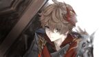  1boy ahoge armor artist_name blue_eyes brown_hair closed_mouth collared_shirt commentary_request crystal_earrings earrings empty_eyes genshin_impact grey_jacket hair_between_eyes highres jacket jewelry long_sleeves looking_at_viewer male_focus mask mask_on_head ore111oe red_mask red_scarf red_shirt scarf shirt short_hair shoulder_armor simple_background single_earring solo tartaglia_(genshin_impact) upper_body white_background 