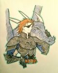  1boy armor brown_hair closed_mouth commentary cropped_torso dragon english_commentary eyepatch fire_emblem fire_emblem:_path_of_radiance haar_(fire_emblem) hand_on_own_hip inktober male_focus mizutorii photo_(medium) traditional_media 