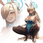  1girl absurdres animal_ears asuna_(blue_archive) asuna_(bunny)_(blue_archive) asymmetrical_bangs blue_archive blue_bow blue_bowtie blue_eyes blue_halo blue_leotard bow bowtie breasts cleavage commentary detached_collar diagram_(purpleicegram) fake_animal_ears full_body full_cleavage hair_over_one_eye halo highleg highleg_leotard highres large_breasts leotard long_hair official_alternate_costume pantyhose playboy_bunny plunging_neckline rabbit_ears rabbit_girl solo squatting strapless strapless_leotard sweat thighband_pantyhose traditional_bowtie white_background zoom_layer 
