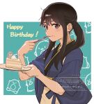  1girl animal_background apron bird birthday birthday_cake black_hair blue_kimono border bow cafe_lycoreco_uniform cake commentary eating food food_on_face fork green_background hair_ribbon happy_birthday highres holding holding_cake holding_food holding_fork holding_plate inoue_takina japanese_clothes kimono light_blush long_hair looking_at_viewer lycoris_recoil ocharicorico penguin plate purple_eyes ribbon simple_background solo twintails upper_body waist_bow watermark white_border 