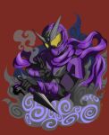 1boy armor black_gloves commentary_request cropped_torso gloves helmet highres holding holding_kunai holding_weapon kamen_rider kamen_rider_shinobi kamen_rider_zi-o_(series) kuji-in kunai ninja purple_armor purple_helmet purple_scarf scarf shuriken smoke solo tokusatsu twitter_username upper_body vgz083 weapon yellow_eyes 
