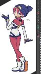  1girl amate_yuzuriha art_program_in_frame ass beanie black_hat blush_stickers bodysuit boots commentary_request from_behind full_body gundam gundam_gquuuuuux hat highres karaage_unai mecha_pilot_suit multicolored_bodysuit normal_suit_(gundam) pom_pom_(clothes) pom_pom_beanie red_bodysuit red_hair short_hair signature skin_tight solo standing two-tone_bodysuit white_bodysuit white_boots 