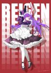  1girl absurdres alternate_costume animal_ears apron back_bow bow character_name closed_mouth commentary dress enmaided full_body gloves gun handgun high_heels highres holding holding_gun holding_weapon kirisilence long_hair long_sleeves looking_at_viewer maid maid_apron maid_headdress neck_ribbon pantyhose purple_dress purple_gloves purple_hair purple_shoes rabbit_ears rabbit_girl red_background red_eyes red_ribbon reisen_udongein_inaba ribbon shoes signature smile touhou variant_set very_long_hair weapon white_apron white_bow white_pantyhose 