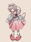  1girl bags_under_eyes black_eyes black_hairband blush bright_pupils brown_background buttons closed_mouth commentary_request disembodied_linked_eye frilled_shirt_collar frilled_sleeves frills frown full_body grey_hair hairband heart heart_button highres igarashi_yuusuke_(wabisabi_buriki) komeiji_satori long_sleeves loose_hair_strand pantyhose pink_skirt red_slippers ribbon-trimmed_collar ribbon_trim short_hair simple_background skirt slippers socks solo standing touhou white_pantyhose white_pupils white_socks wide_sleeves 