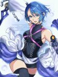  1girl aqua_(kingdom_hearts) armpits asn_hao bare_shoulders black_thighhighs blue_eyes blue_hair breasts commentary_request detached_sleeves eyelashes fingerless_gloves gloves hair_between_eyes holding holding_weapon keyblade kingdom_hearts kingdom_hearts_birth_by_sleep long_sleeves looking_at_viewer medium_breasts open_mouth short_hair solo thighhighs twitter_username watermark weapon wide_sleeves 