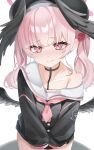  1girl black_hat black_shirt black_wings blue_archive blush closed_mouth commentary feathered_wings flower hair_flower hair_ornament halo hat head_wings highres koharu_(blue_archive) long_hair low_wings neckerchief no_pants pink_eyes pink_flower pink_hair pink_halo pink_neckerchief sailor_collar shirt single_bare_shoulder sleeves_past_fingers sleeves_past_wrists smile solo twintails white_sailor_collar wings yoshino_(mfmfpng) 