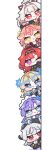  6+girls :t absurdres ahoge black_gloves black_hairband black_horns blonde_hair blue_eyes bow bright_pupils cantarella_(wuthering_waves) changli_(wuthering_waves) chibi chibi_only closed_mouth commentary_request earrings fleurdelys_(wuthering_waves) gloves grey_hair hair_between_eyes hair_bow hair_intakes hair_ornament hairband hand_up high_ponytail highres hiyuki_(wuthering_waves) horns jewelry long_hair looking_at_viewer maid_headdress mole mole_under_eye multicolored_hair multiple_girls one_eye_closed open_mouth peeking_out pink_hair pointy_ears ponytail purple_eyes purple_hair red_eyes red_hair simple_background single_horn smile syurikenmaru two-tone_hair white_hair white_pupils wuthering_waves yellow_eyes yinlin_(wuthering_waves) zani_(wuthering_waves) 