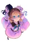  3girls :d absurdres aqua_eyes aqua_ribbon blonde_hair blue_eyes blue_hair blush closed_mouth collared_dress commentary_request contrast_collar crossed_bangs dream_believers dress full_body gradient_hair hair_intakes hair_ornament hasu_no_sanrenka highres hinoshita_kaho long_sleeves love_live! love_live!_hasu_no_sora_jogakuin_school_idol_club medium_dress medium_hair multicolored_hair multiple_girls murano_sayaka neck_ribbon nekofumiman open_mouth orange_hair osawa_rurino pink_dress purple_hair rabbit_hair_ornament ribbon simple_background smile split_mouth standing two_side_up virtual_youtuber white_background 