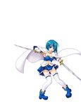  absurdres alest_lusia armpits blue_eyes blue_hair boots cape dual_wielding full_body highres holding magical_girl mahou_shoujo_madoka_magica miki_sayaka open_mouth short_hair solo soul_gem sword thighhighs torn_clothes weapon white_background white_legwear 