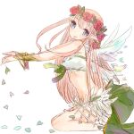  1girl bikini blue_eyes blush bow bracer breasts commentary_request dormir_(challco) feathered_wings flower full_body green_bow head_wreath long_hair looking_at_viewer open_mouth pink_hair pointy_ears ragnarok_online red_flower red_rose rose seiza simple_background sitting small_breasts solo swimsuit wanderer_(ragnarok_online) white_background white_bikini white_wings wings 