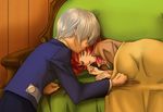  1girl closed_eyes couch couple covering_with_blanket hetero iria_animi kiss red_hair ruca_milda rukanyo shirt short_hair tales_of_(series) tales_of_innocence very_short_hair white_hair 