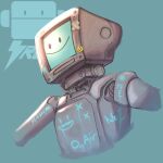  1other artist_name blue_background body_writing bodypaint cropped_torso cytus cytus_ii humanoid_robot joints looking_to_the_side monitor_head robo_head_(cytus) robot robot_joints simple_background smile solo sticker xenshiyo 