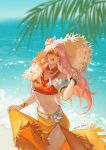  1girl absurdres ashe_(overwatch) beach bracelet braid commentary dated earrings english_commentary highres hoop_earrings inflatable_armbands jewelry long_hair luna-9 navel ocean orange_sarong outdoors overwatch palm_tree pink_hair poolside_ashe red_lips red_tube_top sand sarong strapless tree tube_top 