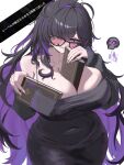  1girl absurdres between_breasts black-framed_eyewear black_dress black_hair blush book breasts cleavage colored_inner_hair commentary_request crooked_eyewear dress floating_skull glasses goddess_of_victory:_nikke grin hair_over_one_eye highres holding holding_book huge_breasts label_(nikke) long_hair looking_at_viewer mejiro_karasu mole mole_on_breast multicolored_hair open_mouth purple_eyes purple_hair purple_streaks smile solo streaked_hair sweat taut_clothes taut_dress two-tone_hair very_long_hair 