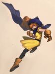  1girl alena_(dq4) armpit_peek belt black_belt black_pantyhose blood blood_on_clothes blood_on_dress blood_on_gloves blue_cape blue_hat boots breasts cape clenched_hand commentary_request curly_hair dragon_quest dragon_quest_iv dress floating_cape floating_hair from_side full_body gloves grey_background hat highres jun_(navigavi) long_hair looking_to_the_side medium_breasts nose open_mouth orange_boots orange_gloves orange_hair pantyhose red_eyes short_sleeves simple_background solo teeth upper_teeth_only witch_hat yellow_dress 