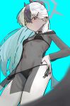  1girl absurdres alternate_costume bikini bikini_under_clothes black_bikini black_horns black_nails blue_archive commentary demon_horns demon_wings dress earclip grey_halo halo hand_on_own_hip highres horns kayoko_(blue_archive) kayoko_(tsutaya)_(blue_archive) long_hair looking_at_viewer lowleg lowleg_bikini multicolored_hair off-shoulder_dress off_shoulder see-through_clothes see-through_dress side-tie_bikini_bottom single_wing solo swimsuit tenshied730 two-tone_hair wings 