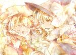  2girls blonde_hair commentary_request fang flandre_scarlet hat kirisame_marisa mob_cap multiple_girls red_vest ribbon shirt smile takenoko_(kotono) touhou vampire vest white_ribbon white_shirt witch_hat yuri 