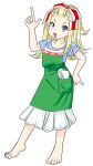  1girl apron apron_pocket bangs_pinned_back barefoot belarus belarusian_flag blonde_hair blue_eyes dress eating feet flat_chest floral_print food frilled_dress frilled_skirt frills green_apron hair_ribbon hand_up highres japanon light_blush long_hair non-web_source object_in_pocket open_mouth original paulinka_(japanon) pocket pointing pointing_up ribbon russo-ukrainian_war short_sleeves skirt solo toes tongue towel transparent_background wavy_hair white_skirt 