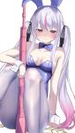  1girl ammunition animal_ear_hairband animal_ears bare_shoulders black_ribbon blue_bow blue_bowtie blue_leotard blush bow bowtie breasts bullet bunny_day commentary fake_animal_ears gradient_hair gun hair_ribbon hairband hand_rest highres holding holding_gun holding_weapon kairi_(miry666) knees_up leotard long_hair looking_at_viewer multicolored_hair pantyhose pink_hair pink_streaks playboy_bunny purple_eyes purple_hair rabbit_ear_hairband rabbit_ears ribbon sidelocks simple_background sitting small_breasts solo streaked_hair thick_eyebrows tosaki_mimi twintails untranslatable_commentary virtual_youtuber vspo! wavy_mouth weapon white_background white_wrist_cuffs wrist_cuffs 