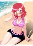  absurdres alternate_breast_size_(larger) beach belt bikini birthday breasts cleavage commentary_request happy_birthday highres large_breasts love_live! love_live!_school_idol_project m5rr7hmx56oy44y navel nishikino_maki pink_belt pink_bikini purple_eyes red_hair short_shorts shorts solo sunglasses swimsuit 