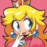  1girl applejoople blonde_hair blue_eyes commentary crown dress earrings gloves jewelry long_hair looking_to_the_side mario_(series) pink_background pink_dress pink_lips portrait princess_peach puffy_sleeves solo sphere_earrings untranslatable_commentary white_gloves 