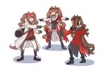  3girls angelina_(arknights) angelina_the_mellow_wish_(arknights) animal_ear_fluff animal_ears arknights arknights:_endfield bag black_bag black_boots black_collar black_gloves black_hairband black_shoes black_socks black_thighhighs boots brown_hair chinese_commentary coat collar commentary_request detached_sleeves dress fox_ears fox_girl full_body gilberta_(arknights) gloves hairband hezixiaosheng high_heel_boots high_heels highres in-franchise_crossover infection_monitor_(arknights) long_hair long_sleeves meme multicolored_hairband multiple_girls multiple_persona open_clothes open_coat pointing pointing_at_another pointing_spider-man_(meme) red_coat red_dress red_eyes red_hairband shoes simple_background sneakers socks standing striped_clothes striped_hairband thighhighs twintails two-tone_hairband very_long_hair white_background white_coat white_dress 