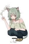  1girl absurdres animal_ear_fluff animal_ears blush breasts brown_sandals cat_ears cat_girl cat_tail cigarette cigarette_butt collarbone commentary_request earrings freeman_(tkuh4475) grey_eyes grey_hair grey_shirt hair_between_eyes hand_up highres holding holding_cigarette jewelry large_breasts multiple_earrings no_bra saliva saliva_trail sandals satou_yaniko shirt short_hair simple_background single_off_shoulder smile solo spitting tail tongue tongue_out white_background yani_neko 