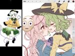  2girls @_@ art_program_in_frame black_hat blue_skirt bow bowtie chinese_commentary collared_shirt commentary_request disembodied_linked_eye emoji eyeball frilled_shirt_collar frills green_hair hat hat_bow hata_no_kokoro highres imminent_kiss komeiji_koishi long_hair long_sleeves mask mask_on_head medium_hair multiple_girls official_art_inset open_mouth pink_eyes pink_hair purple_bow purple_bowtie shirt skirt smile tan_xiao_ye touhou unfinished yellow_bow yellow_shirt yuri 