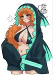  1girl animal_hood artist_name blind_obsession_(e.g.o) blush breasts commentary e.g.o_(project_moon) english_commentary english_text freckles highres hood ishmael_(project_moon) large_breasts limbus_company long_hair mamaprofennn navel orange_hair parted_lips project_moon puff_of_air simple_background solo standing twitter_username white_background yellow_eyes 