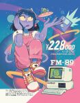  1980s_(style) 1990s_(style) 1girl 2girls absurdres adidas aged_down antennae black_hair black_nails blue_background colored_skin computer computer_keyboard coolfrog_(punch_punch_forever!) copyright_notice crt demon_tail earrings english_text fake_ad fake_magazine_scan faux_retro_artstyle faux_traditional_media floppy_disk flying_saucer fm_towns frog fujitsu furigana gloves green_screen highres horns jewelry looking_up matsumoto_gogo matsumoto_nono mixed-language_text monitor moon multiple_girls oni original overalls pink_background pink_overalls planet planetary_ring pointy_ears price price_tag product_placement punch_punch_forever! purple_lips purple_skin retro_artstyle sd_card shirt shoes short_hair siblings sisters sitting sneakers solo_focus space spacecraft speedoru sphere_earrings star_(sky) t-shirt tail toon_(style) two-tone_background ufo waving white_shirt white_wrist_cuffs wrist_cuffs wristband 