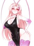  1girl antennae arthropod_girl arthropod_limbs black_dress blush breasts cgator cleavage cockroach_girl colored_skin curvy dress facial_mark hand_on_own_hip highres indie_virtual_youtuber large_breasts long_hair looking_at_viewer matara_kan monster_girl multicolored_hair parted_bangs pelvic_curtain pink_hair red_eyes sideboob solo streaked_hair thick_thighs thighs virtual_youtuber white_background white_skin wide_hips 