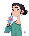  1girl adversarial_noise alt_text artist_name black_hair brown_eyes commentary drinking_straw drinking_straw_in_mouth english_commentary galmesh_rosewood hair_bun highres kpop_demon_hunters looking_at_viewer simple_background solo upper_body white_background zoey_(kpop_demon_hunters) 