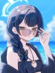  1girl adjusting_eyewear bandeau bikini black_bikini black_hair black_robe blue_archive blue_sky braid braid_over_shoulder breasts butterfly_hair_ornament cleavage_cutout clothing_cutout cloud commentary_request day diamond_cutout grey_eyes hair_ornament halo highres horizon kisaki_(blue_archive) kisaki_(swimsuit)_(blue_archive) konkawa_1223 long_hair looking_at_viewer ocean official_alternate_costume official_alternate_hairstyle parted_lips purple-tinted_eyewear robe robe_partially_removed side_braid sky small_breasts solo sunglasses swimsuit tinted_eyewear upper_body white_halo yellow-framed_eyewear 