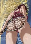  2girls absurdres ass breasts chinese_commentary commentary_request crop_top deep_skin elden_ring erdtree_(elden_ring) from_below highres large_breasts melina_(elden_ring) miao_jiangyou multiple_girls racket ranni_the_witch red_shirt red_shorts shirt shorts tennis_racket 