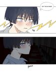  1boy alternate_costume black_hair blunt_ends blush casual closed_mouth commentary contemporary embarrassed english_text genshin_impact grey_eyes grey_jacket highres indoors jacket looking_at_viewer looking_to_the_side male_focus movie_theater nervous_sweating parted_lips scaramouche_(genshin_impact) sideways_mouth solo sound_effects speech_bubble sweat theater_seating tsurime white_mouth wide-eyed wispy_bangs ysnden 