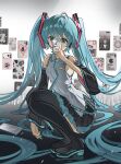  1girl absurdres aqua_eyes aqua_hair aqua_nails aqua_necktie aqua_trim bare_shoulders black_boots black_skirt black_sleeves boots breasts camera_flash cellphone commentary detached_sleeves fingernails grey_shirt hair_between_eyes hatsune_miku headset highres holding holding_phone huanyin long_hair nail_polish necktie number_tattoo phone pleated_skirt shirt shoulder_tattoo skirt sleeveless sleeveless_shirt small_breasts solo tattoo thigh_boots twintails very_long_hair vocaloid wide_sleeves zettai_ryouiki 