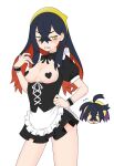  1boy 1girl apron black_dress black_hair blush breasts brother_and_sister carmine_(pokemon) clenched_teeth commentary_request crossed_bangs dress hair_between_eyes hairband hand_on_own_hip hand_up heart_pasties highres jiang_jiang_(swpv5248) kieran_(pokemon) long_hair pasties pokemon pokemon_scarlet_and_violet short_dress siblings sidelocks simple_background teeth twitter_username waist_apron white_apron white_background wristband yellow_eyes yellow_hairband 
