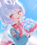  1girl absurdres aqua_shirt blue_flower bow bowtie commentary_request flower genshin_impact gloves gradient_hair hair_between_eyes highres long_sleeves melusine_(genshin_impact) multicolored_hair red_eyes shirt sigewinne_(genshin_impact) upper_body user_ckgs2328 white_gloves 