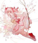  1girl bow commentary dress dress_bow flower frilled_skirt frilled_sleeves frills full_body gloves hair_bow highres kaname_madoka kaname_madoka_(magical_girl) kneehighs looking_at_viewer magical_girl mahou_shoujo_madoka_magica mahou_shoujo_madoka_magica_(anime) open_mouth pink_bow pink_dress pink_eyes pink_flower pink_hair pink_rose puffy_short_sleeves puffy_sleeves qingyu red_shoes rose shoes short_dress short_hair short_sleeves short_twintails simple_background skirt socks solo twintails white_background white_gloves white_skirt white_socks 