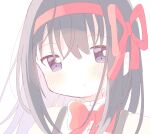  1girl :< akemi_homura black_hair blush bow bowtie closed_mouth commentary_request hair_between_eyes hair_ribbon hairband highres long_hair looking_at_viewer mahou_shoujo_madoka_magica mahou_shoujo_madoka_magica_(anime) mitakihara_school_uniform portrait purple_eyes red_bow red_bowtie red_hairband red_ribbon ribbon school_uniform shirt sidelocks simple_background solo white_background yellow_shirt yuki_(33098065) 