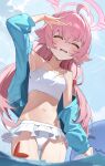  1girl absurdres ahoge arm_up bare_shoulders bikini blue_archive blue_jacket blush chinese_commentary closed_eyes collarbone commentary_request fang frilled_bikini frills halo highres hoshino_(blue_archive) hoshino_(swimsuit)_(blue_archive) inflatable_toy inflatable_whale jacket jacket_partially_removed long_hair muso navel off_shoulder open_clothes open_jacket open_mouth pink_hair pink_halo shading_eyes skin_fang solo starfish swimsuit wading water white_bikini 